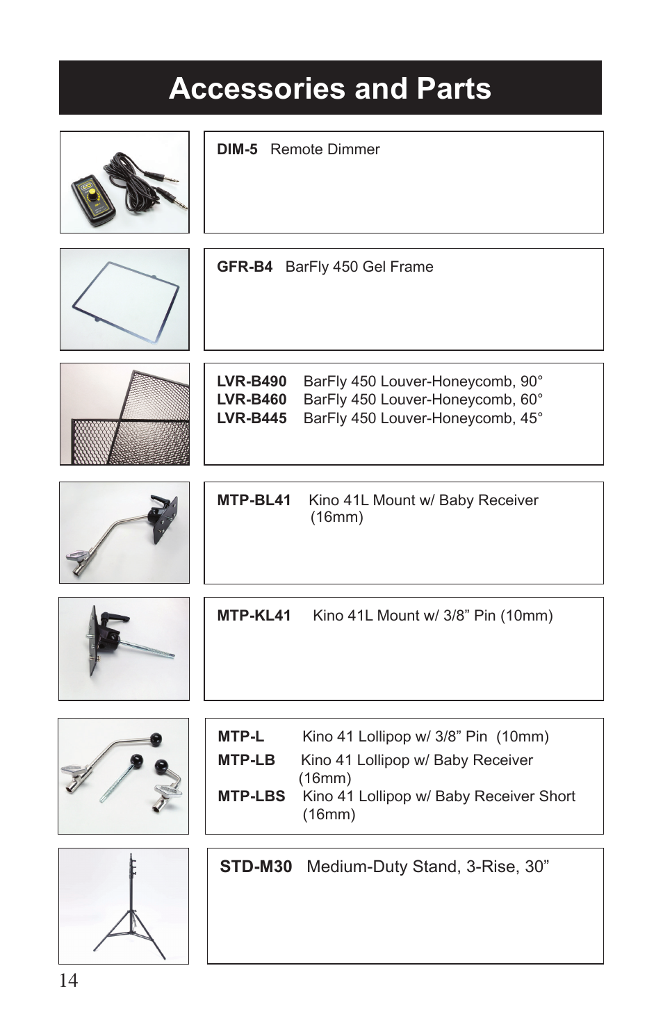 Accessories and parts | Kino Flo BarFly 450 DMX User Manual | Page 14 / 16