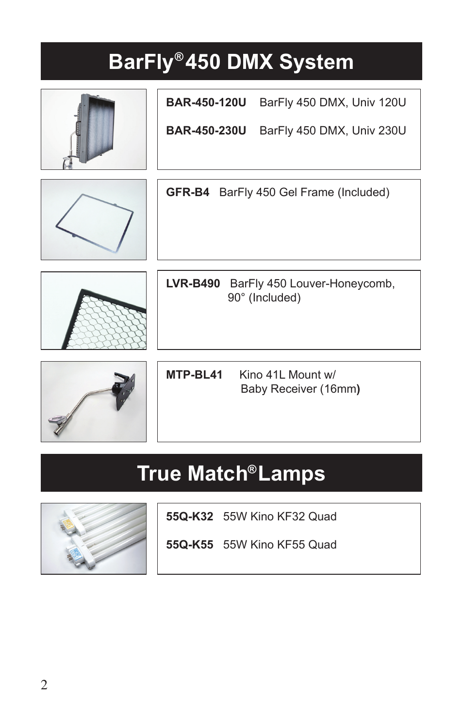 Barfly 450 dmx system true match, Lamps | Kino Flo BarFly 450 DMX User Manual | Page 2 / 16