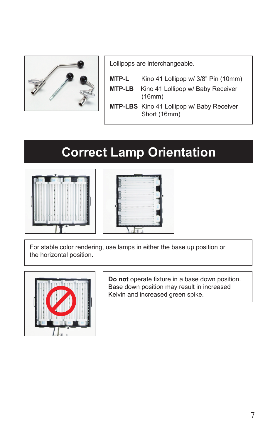 Correct lamp orientation | Kino Flo BarFly 450 DMX User Manual | Page 7 / 16