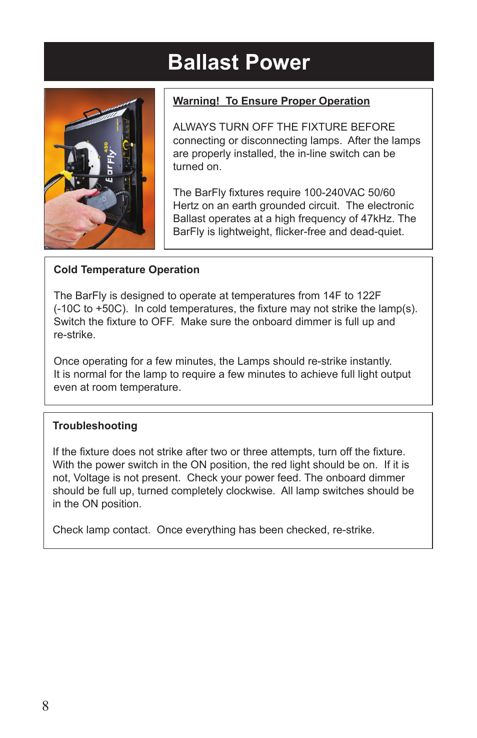 Ballast power | Kino Flo BarFly 450 DMX User Manual | Page 8 / 16