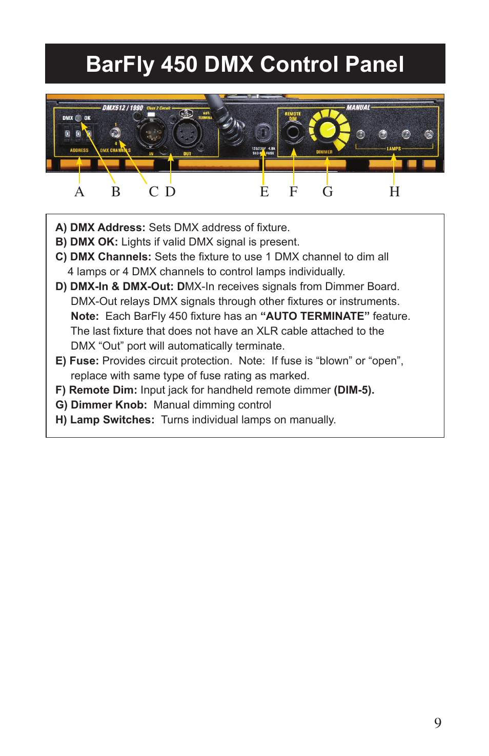 Barfly 450 dmx control panel | Kino Flo BarFly 450 DMX User Manual | Page 9 / 16