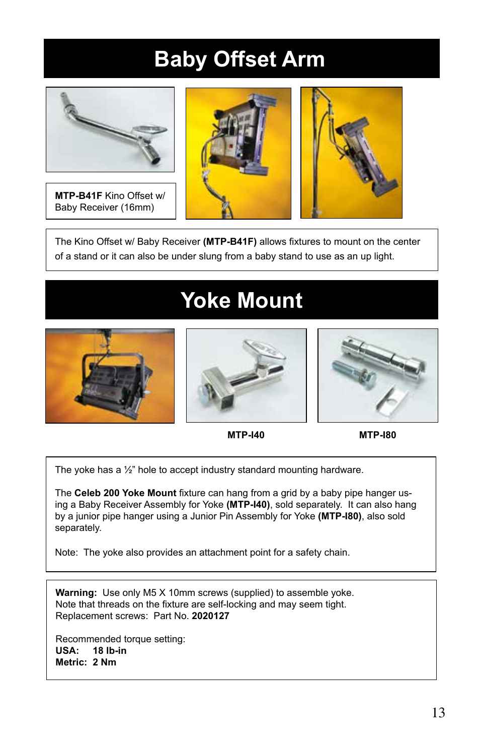 Yoke mount, Baby offset arm | Kino Flo Celeb 200 DMX LED User Manual | Page 13 / 20