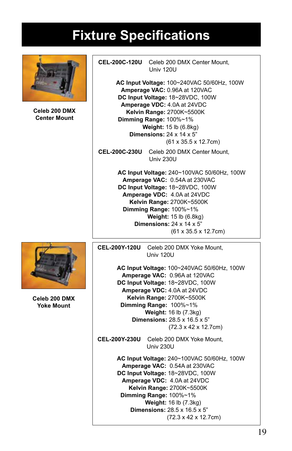 Fixture specifications | Kino Flo Celeb 200 DMX LED User Manual | Page 19 / 20