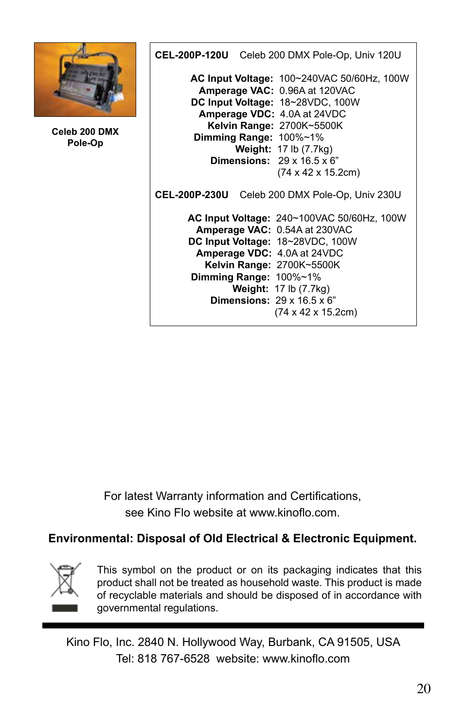 Kino Flo Celeb 200 DMX LED User Manual | Page 20 / 20