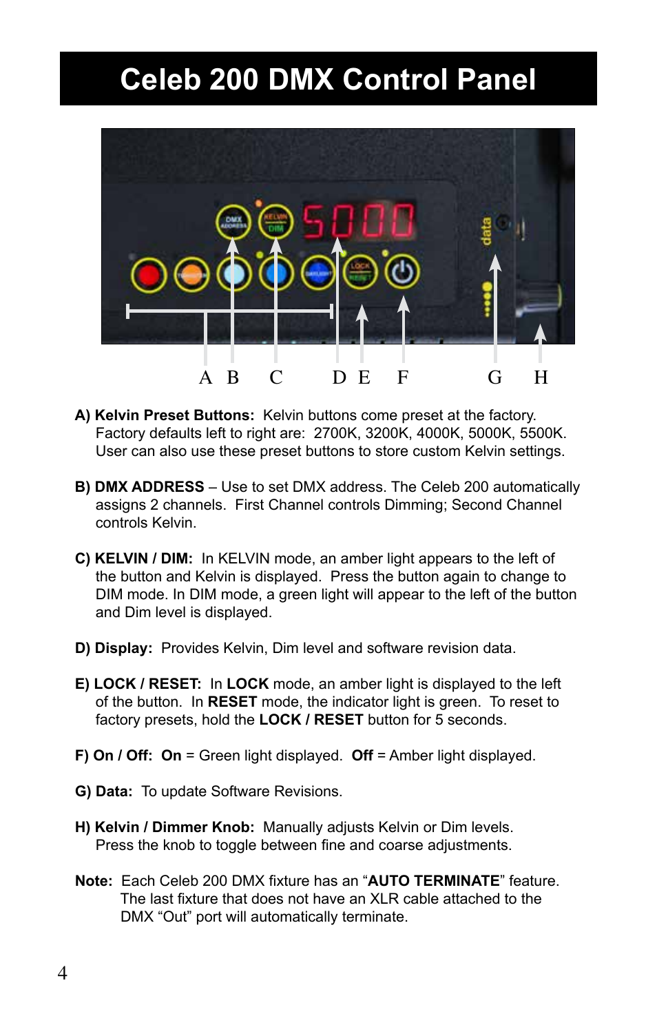 Celeb 200 dmx control panel | Kino Flo Celeb 200 DMX LED User Manual | Page 4 / 20