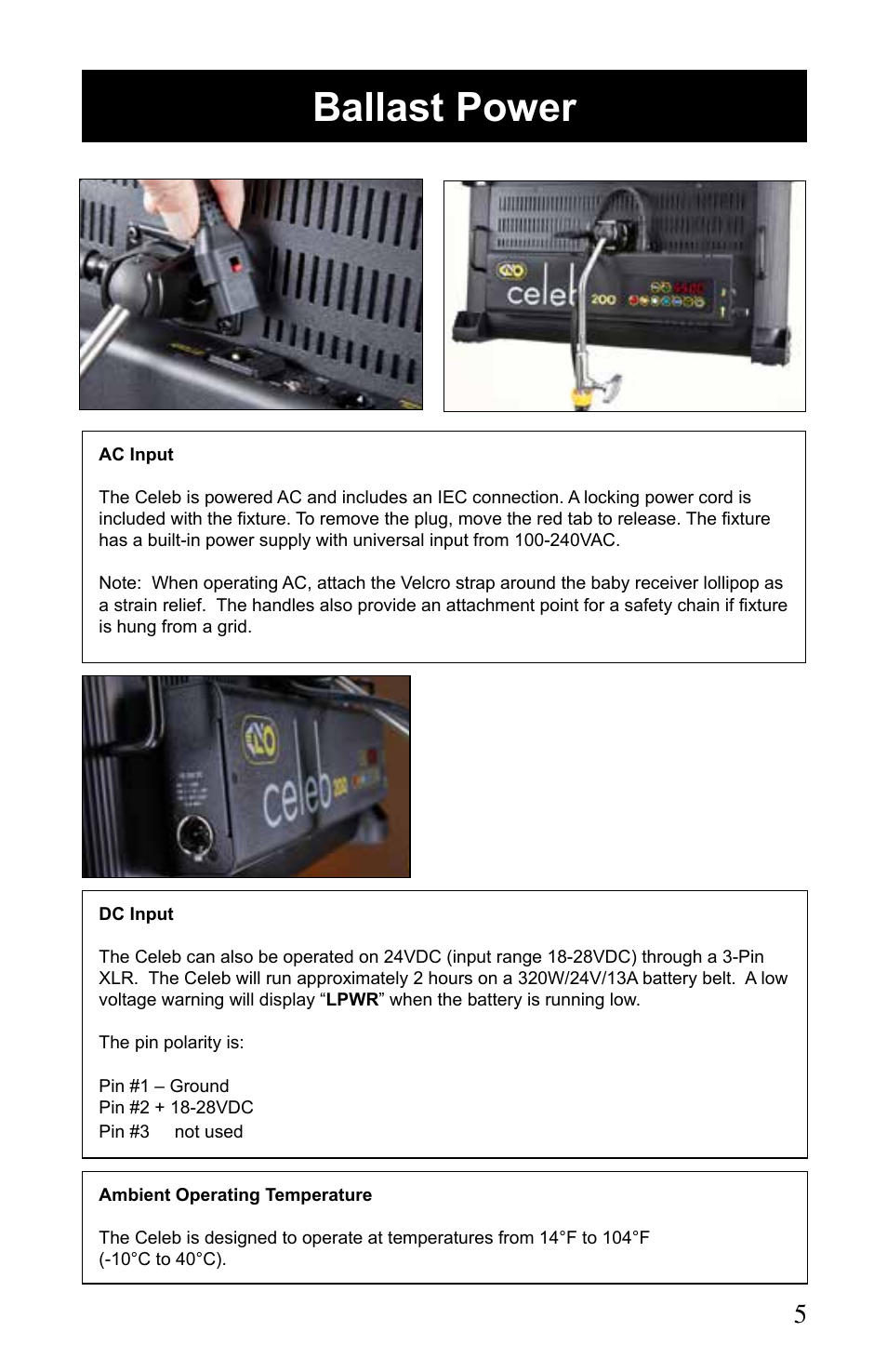 Ballast power | Kino Flo Celeb 200 DMX LED User Manual | Page 5 / 20