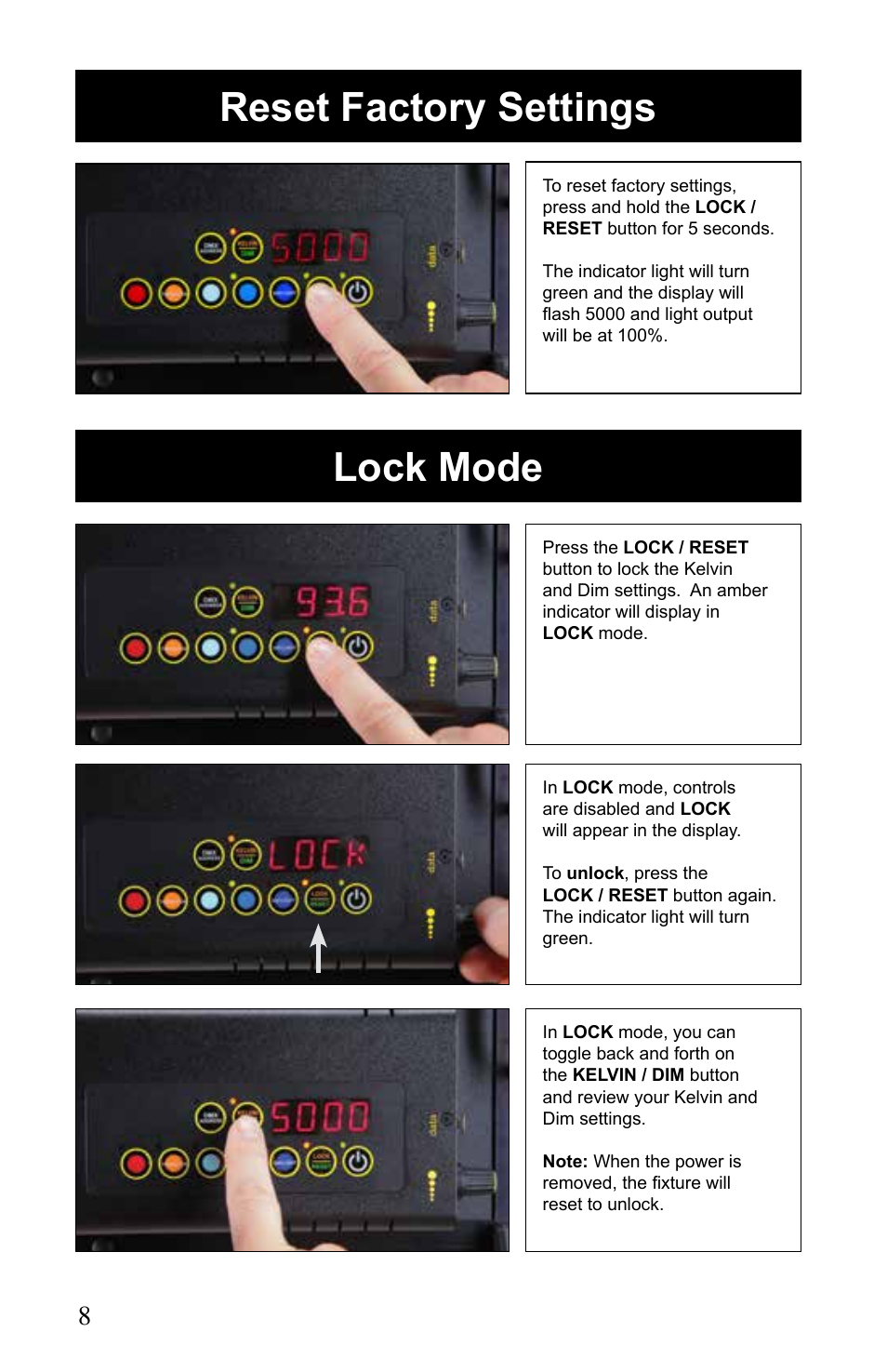 Lock mode reset factory settings | Kino Flo Celeb 200 DMX LED User Manual | Page 8 / 20