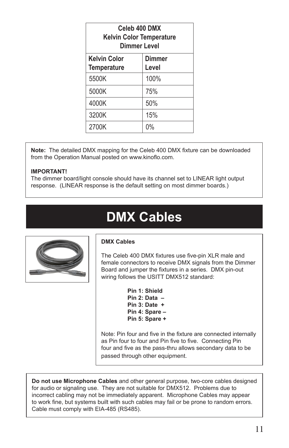 Dmx cables | Kino Flo Celeb 400 DMX LED User Manual | Page 11 / 20