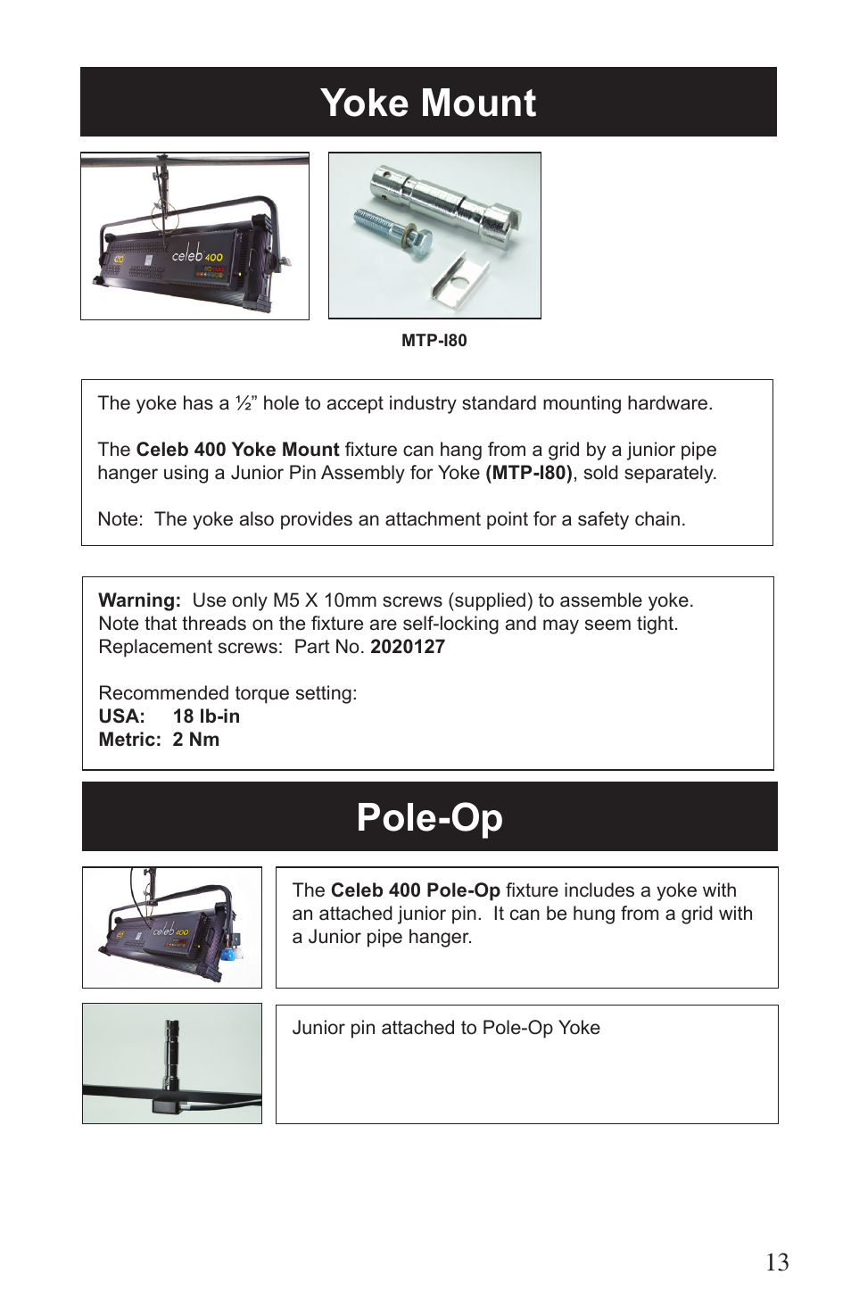 Yoke mount, Pole-op | Kino Flo Celeb 400 DMX LED User Manual | Page 13 / 20
