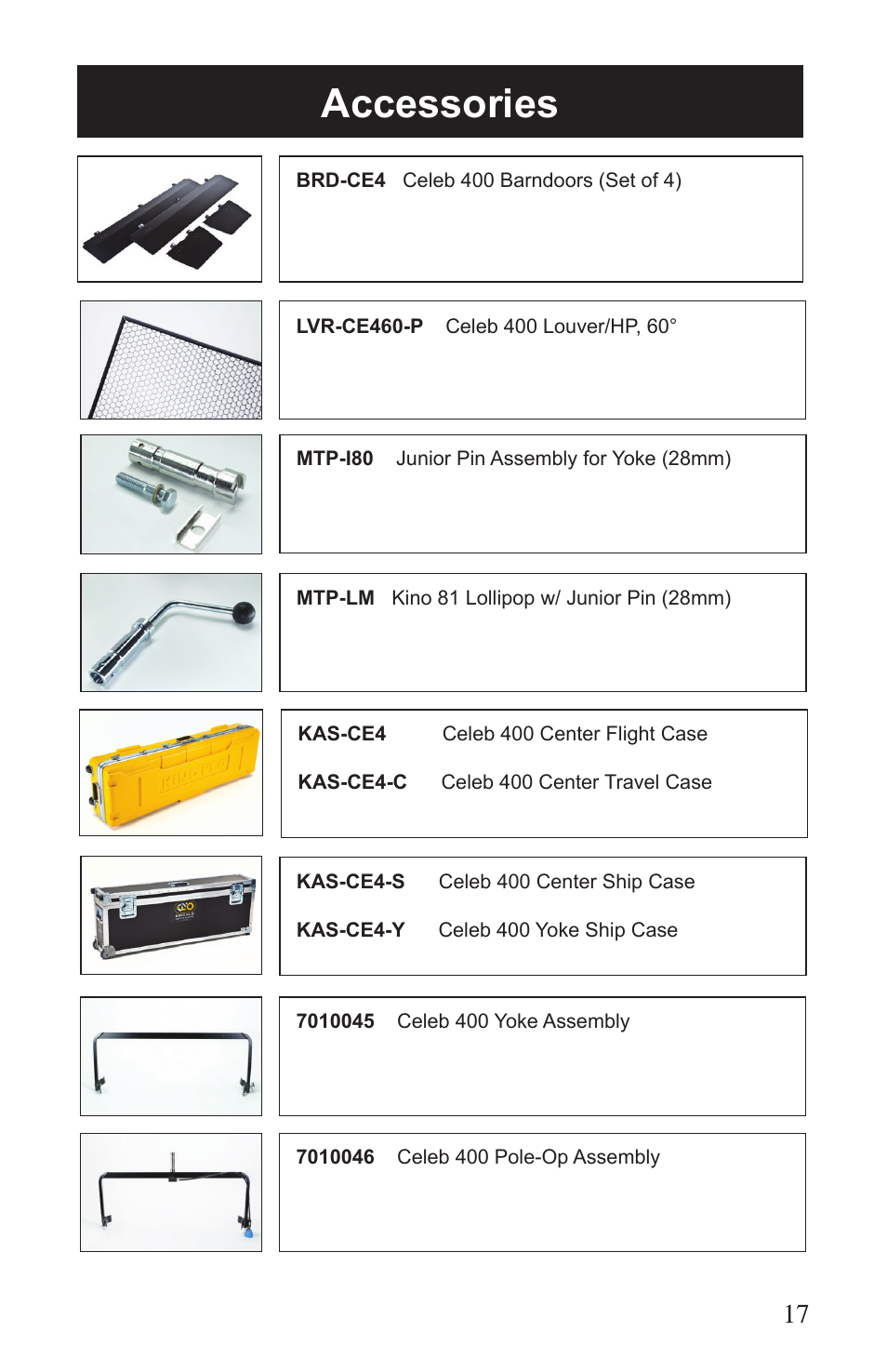 Accessories | Kino Flo Celeb 400 DMX LED User Manual | Page 17 / 20