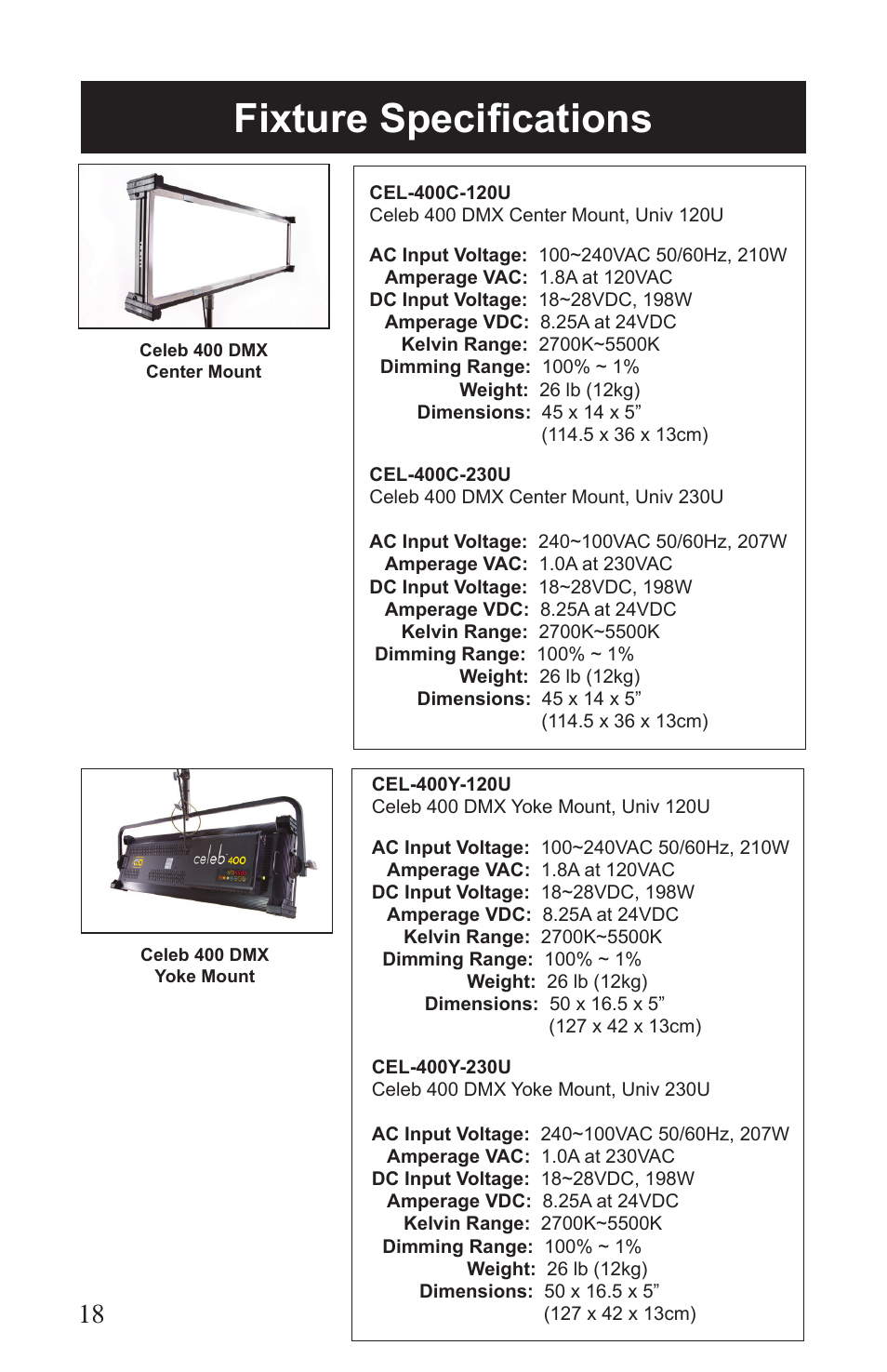 Fixture specifications | Kino Flo Celeb 400 DMX LED User Manual | Page 18 / 20