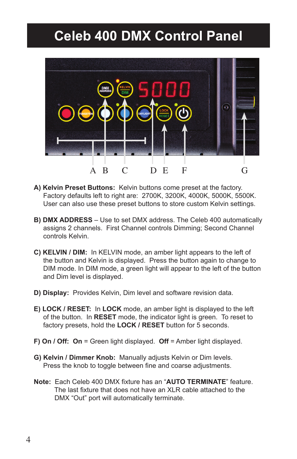 Celeb 400 dmx control panel | Kino Flo Celeb 400 DMX LED User Manual | Page 4 / 20