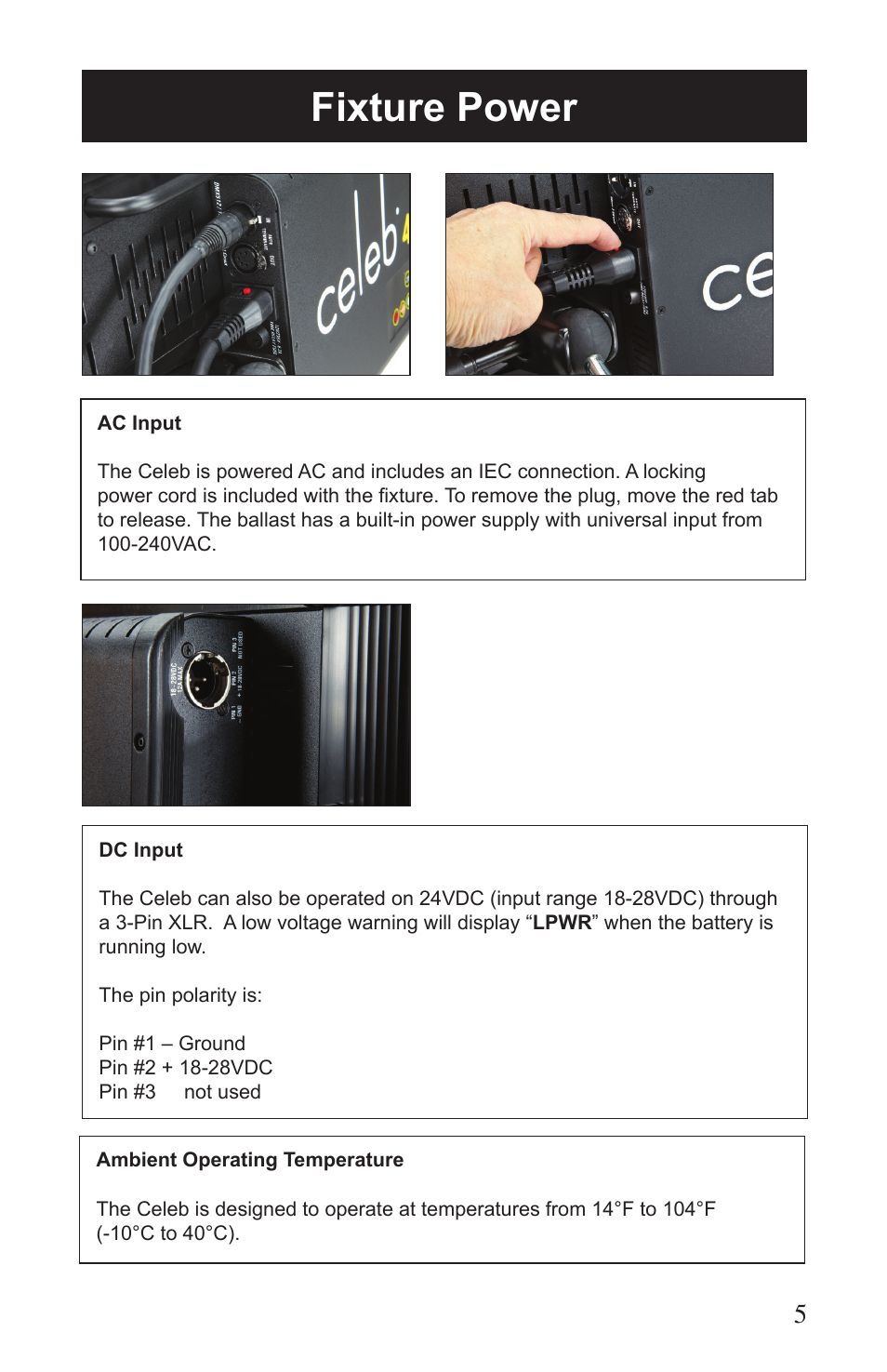 Fixture power | Kino Flo Celeb 400 DMX LED User Manual | Page 5 / 20