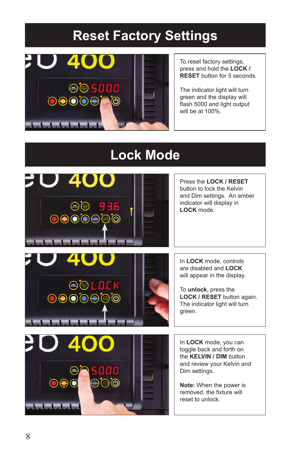 Lock mode reset factory settings | Kino Flo Celeb 400 DMX LED User Manual | Page 8 / 20