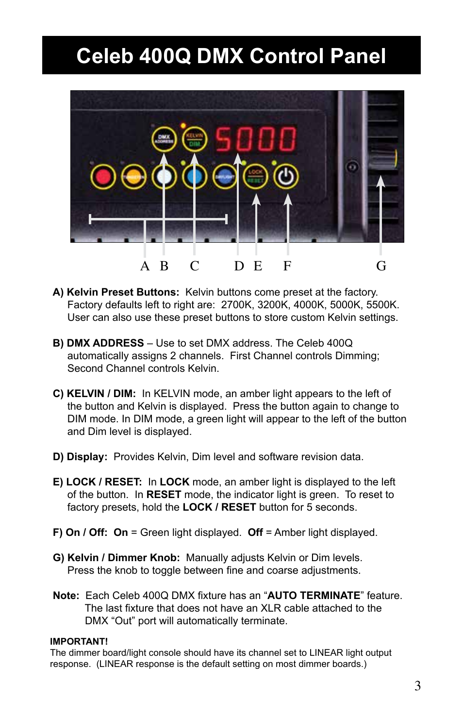 Celeb 400q dmx control panel | Kino Flo Celeb 400Q DMX LED User Manual | Page 3 / 16