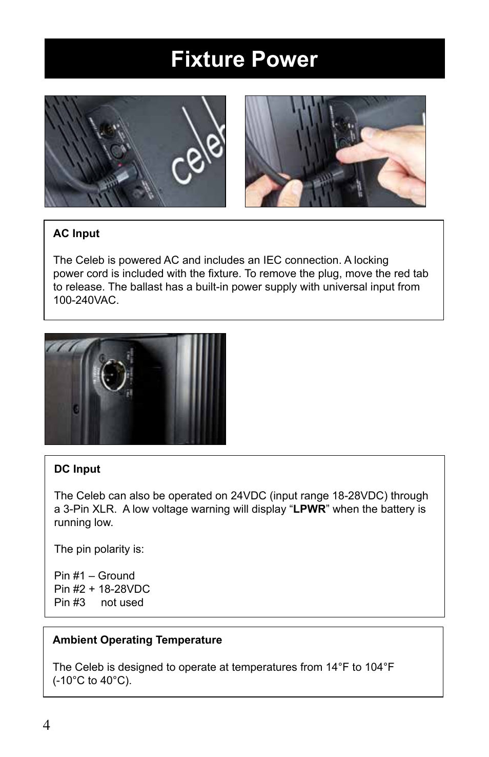 Fixture power | Kino Flo Celeb 400Q DMX LED User Manual | Page 4 / 16