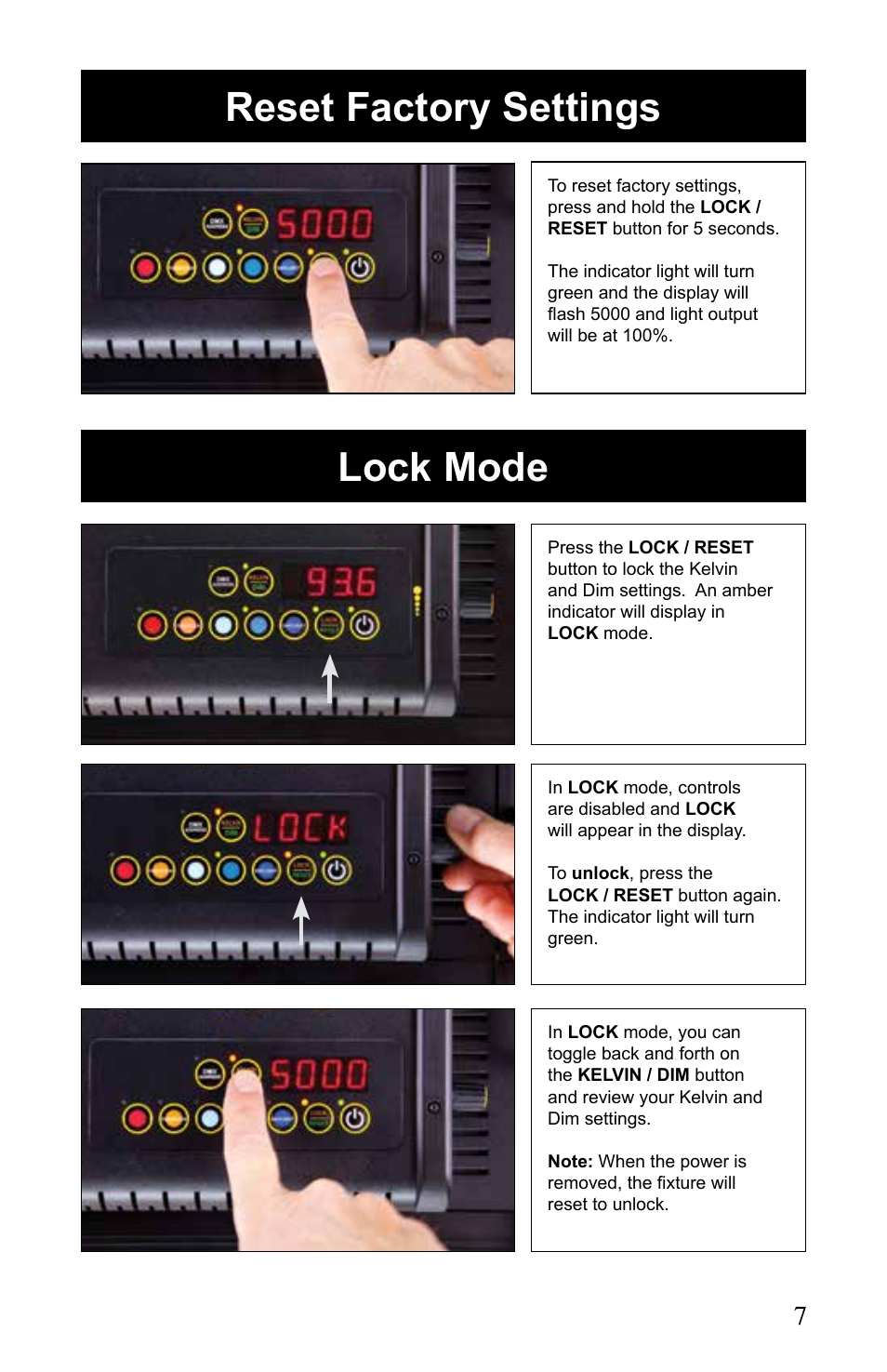 Lock mode reset factory settings | Kino Flo Celeb 400Q DMX LED User Manual | Page 7 / 16