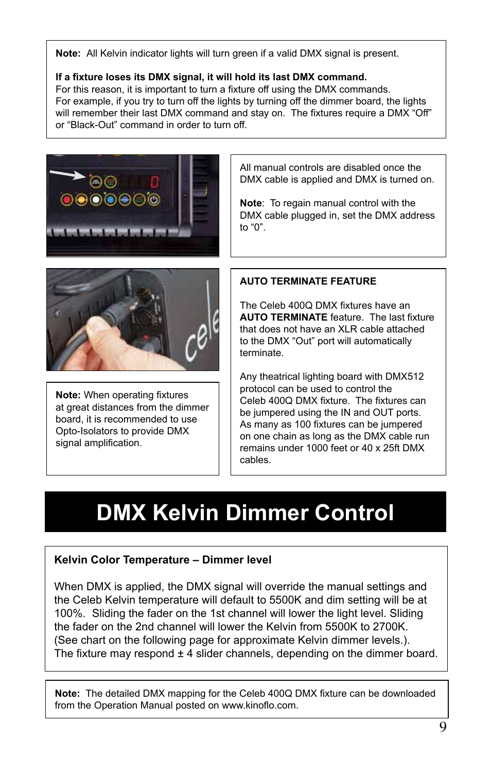 Dmx kelvin dimmer control | Kino Flo Celeb 400Q DMX LED User Manual | Page 9 / 16