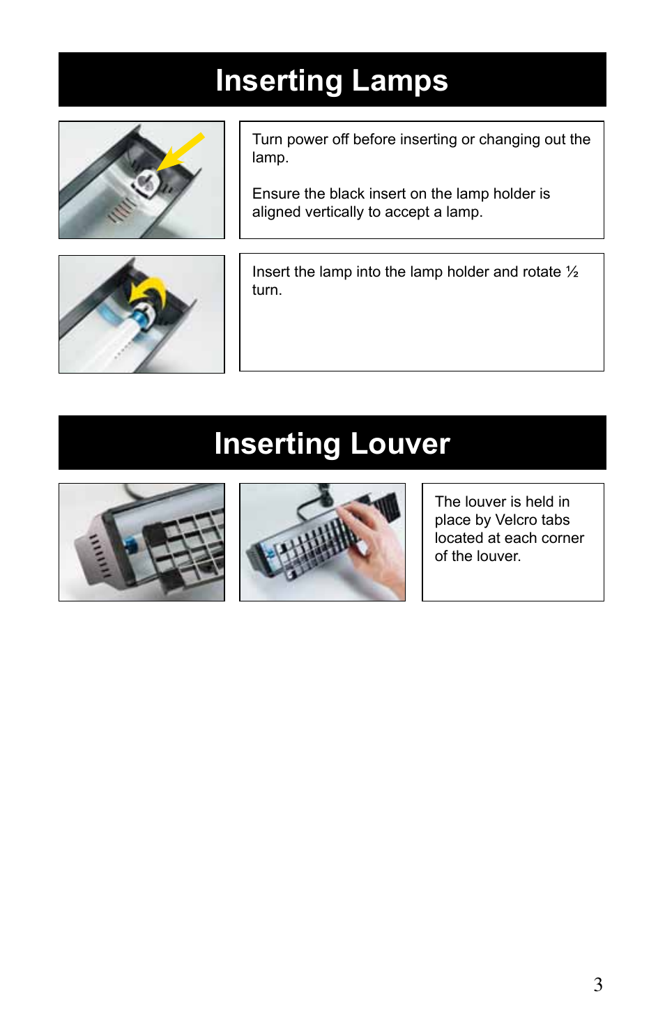 Inserting lamps inserting louver | Kino Flo Desk-Lite User Manual | Page 3 / 8