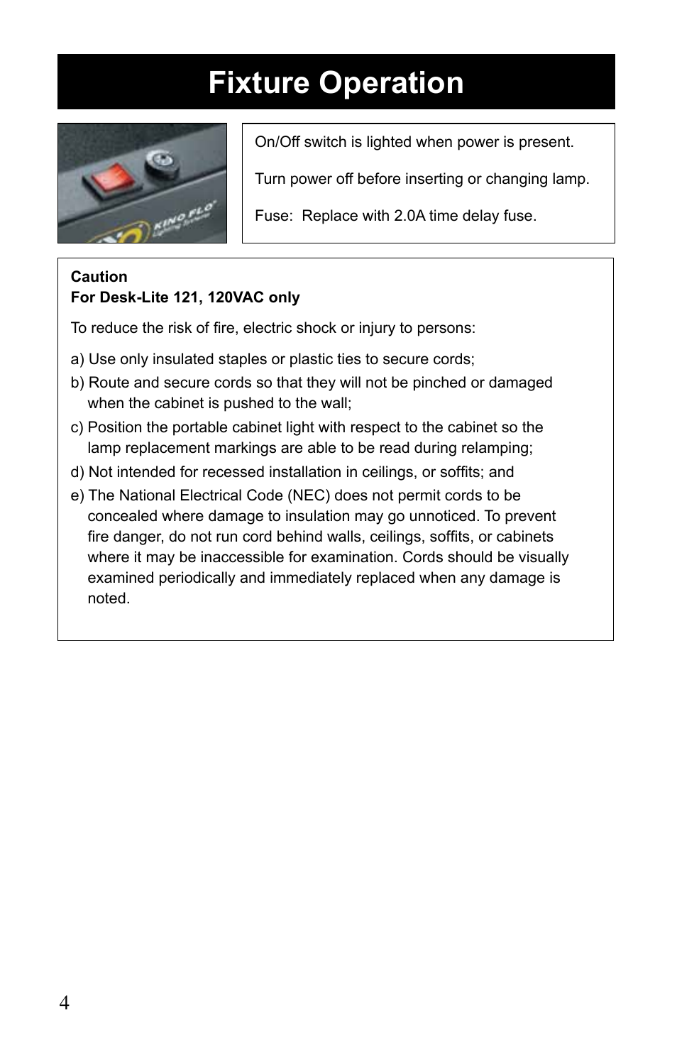 Fixture operation | Kino Flo Desk-Lite User Manual | Page 4 / 8
