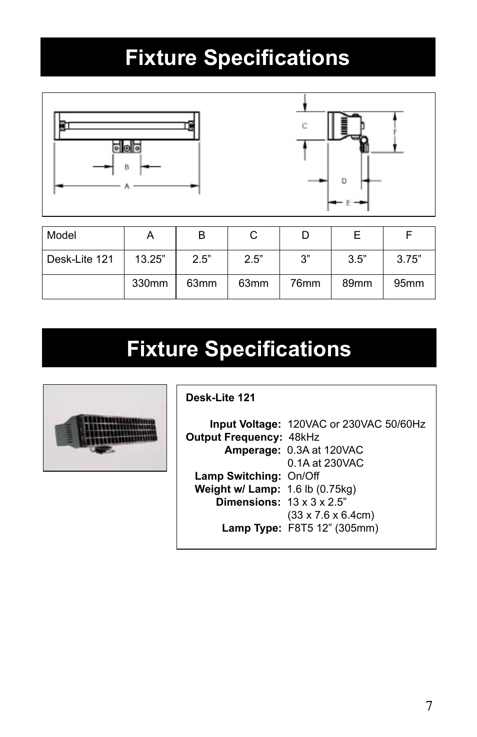 Fixture specifications | Kino Flo Desk-Lite User Manual | Page 7 / 8