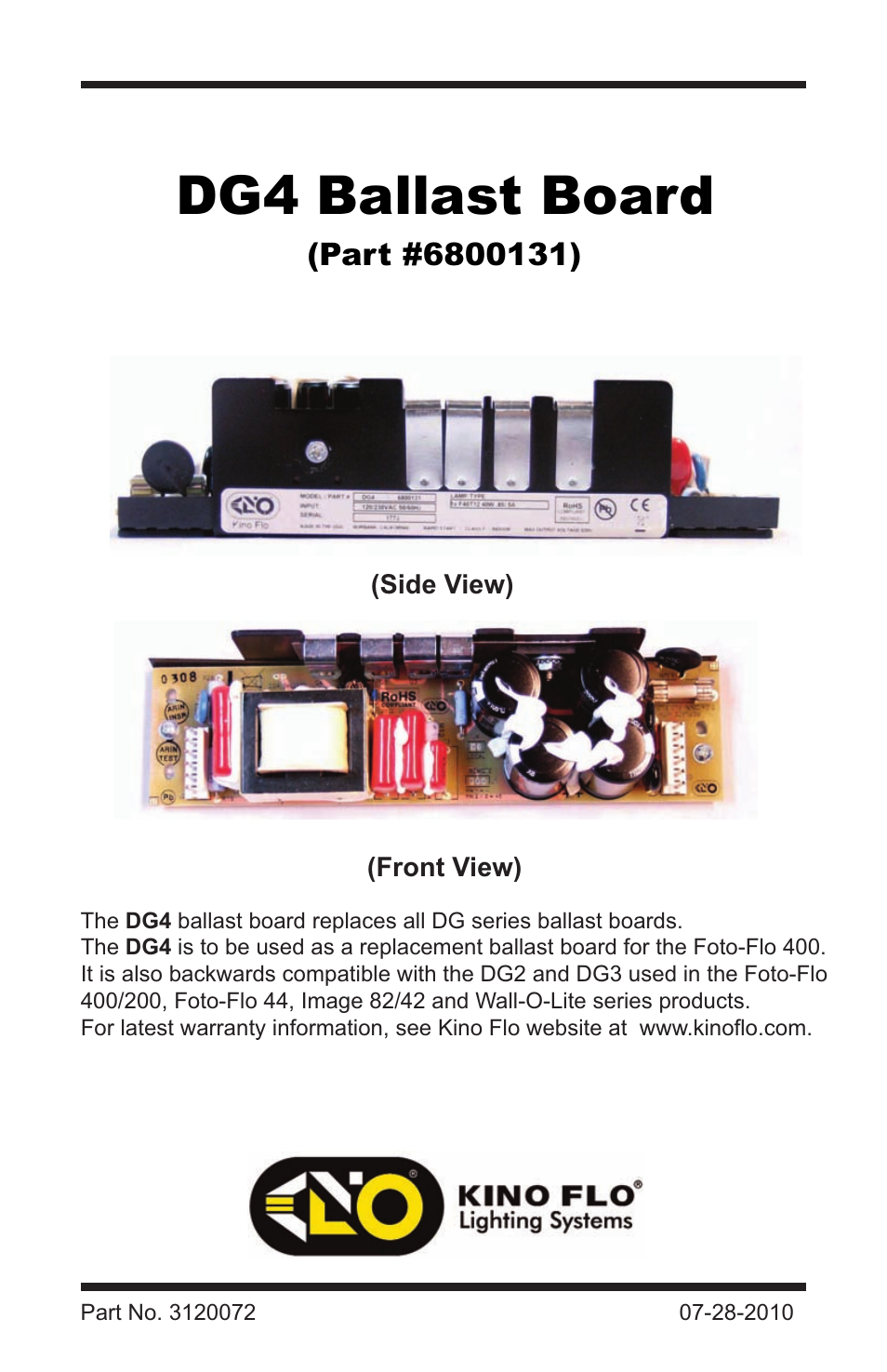 Kino Flo DG4 Ballast Board User Manual | 3 pages