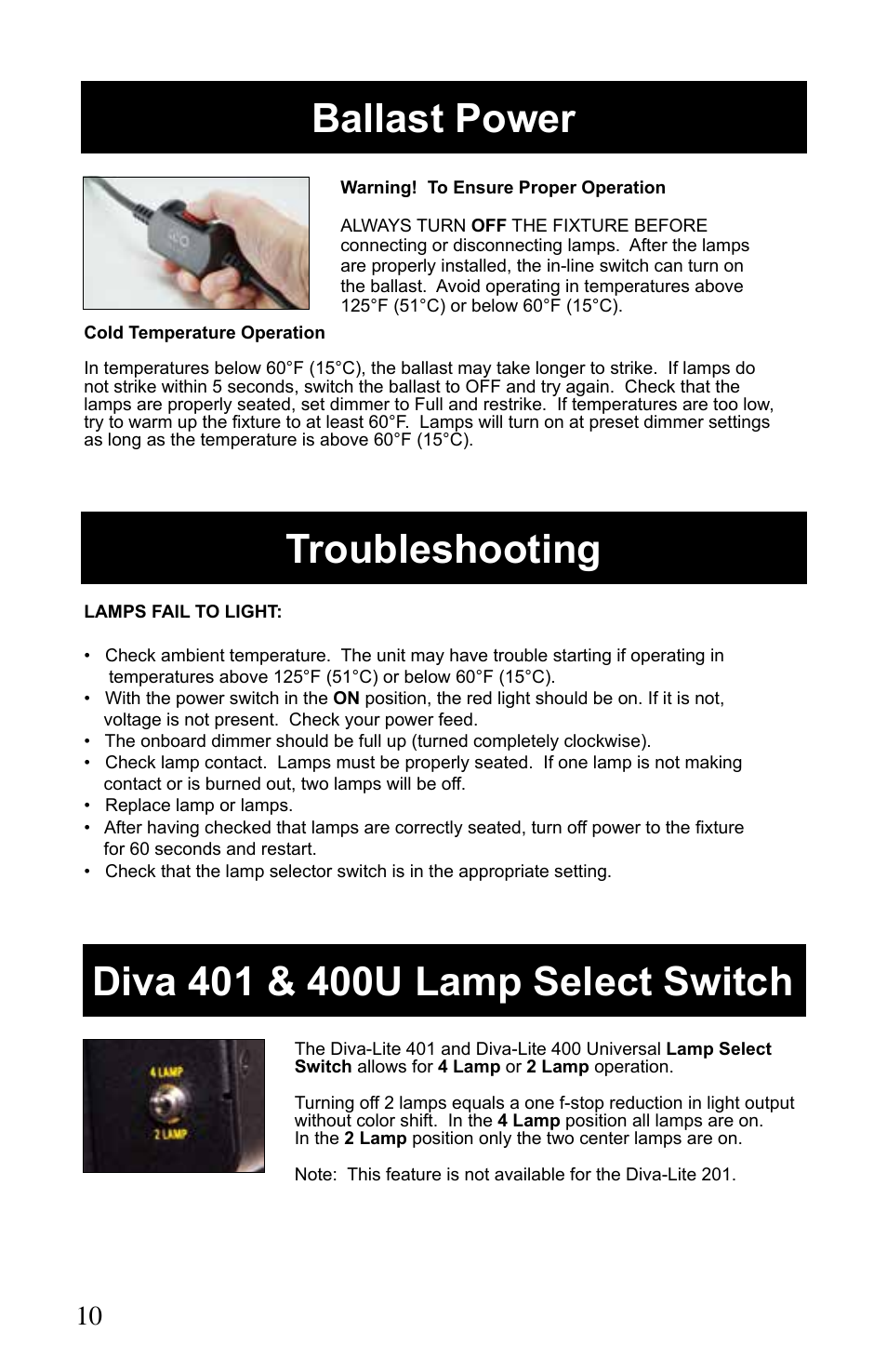 Kino Flo Diva-Lite 401/201 & 400U User Manual | Page 10 / 16