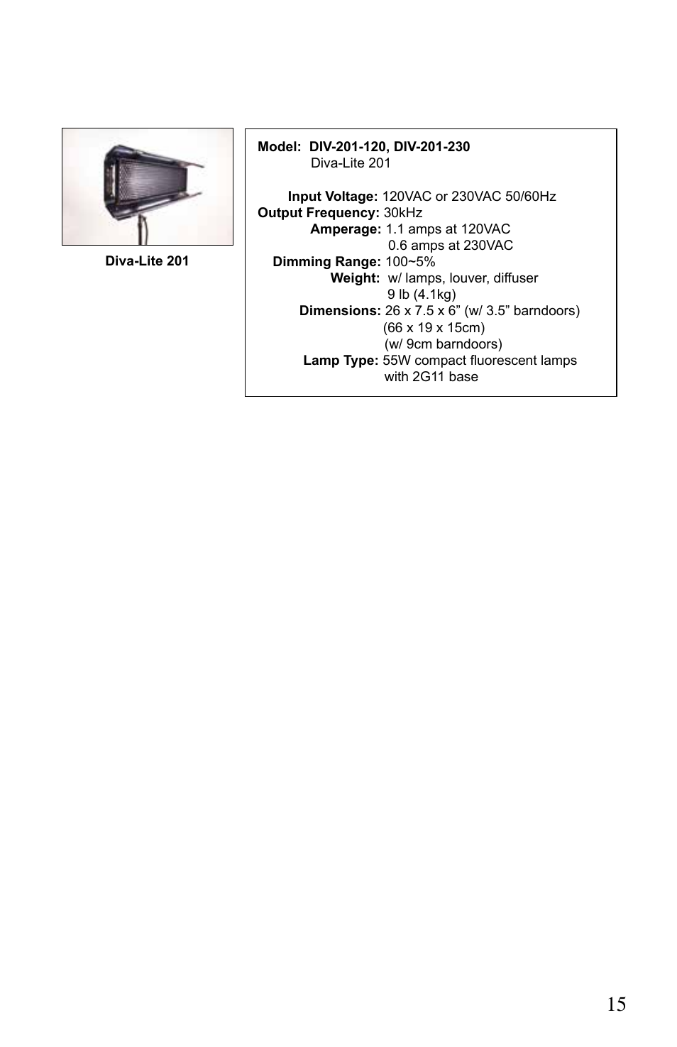 Kino Flo Diva-Lite 401/201 & 400U User Manual | Page 15 / 16