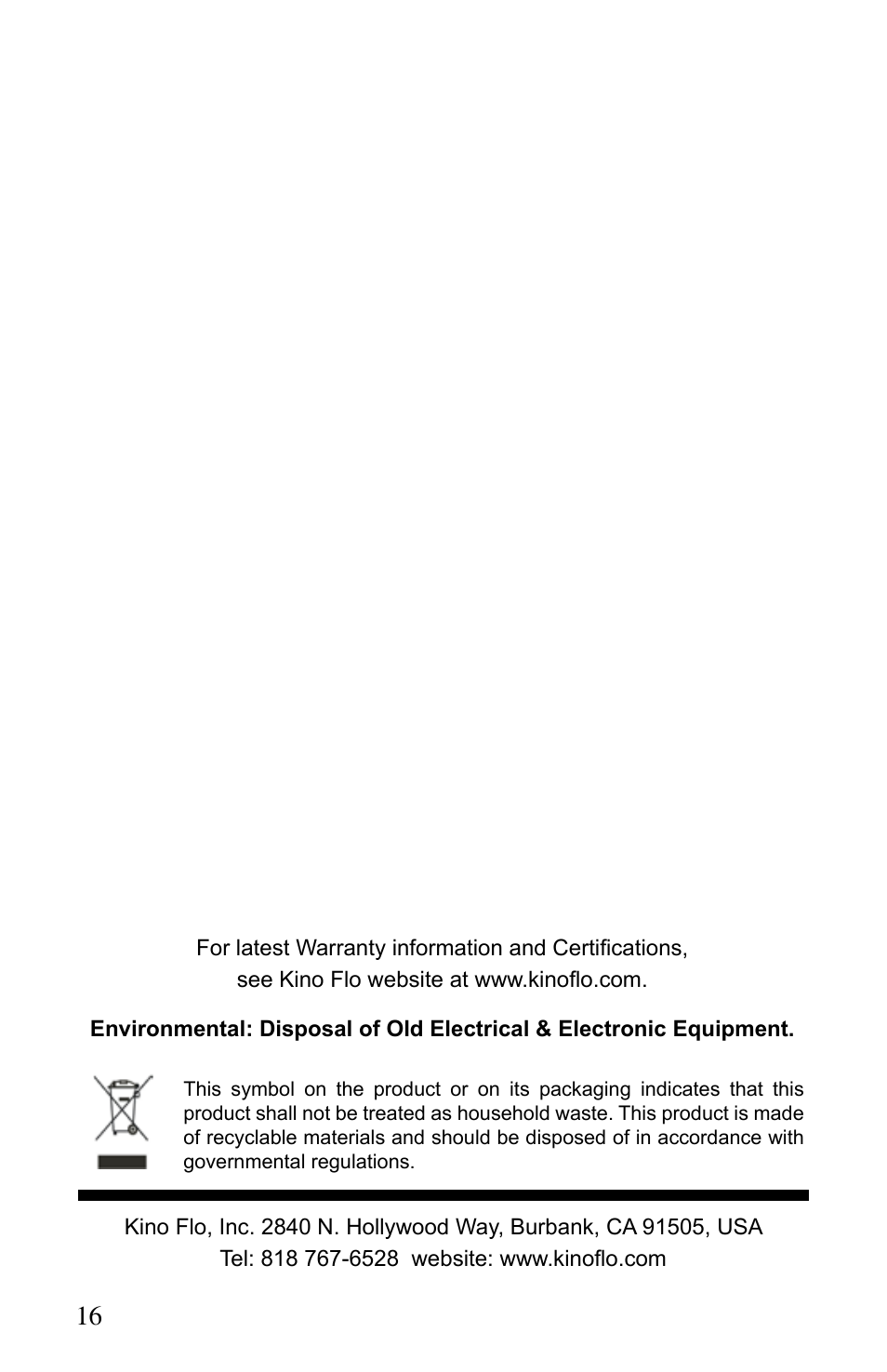 Kino Flo Diva-Lite 401/201 & 400U User Manual | Page 16 / 16