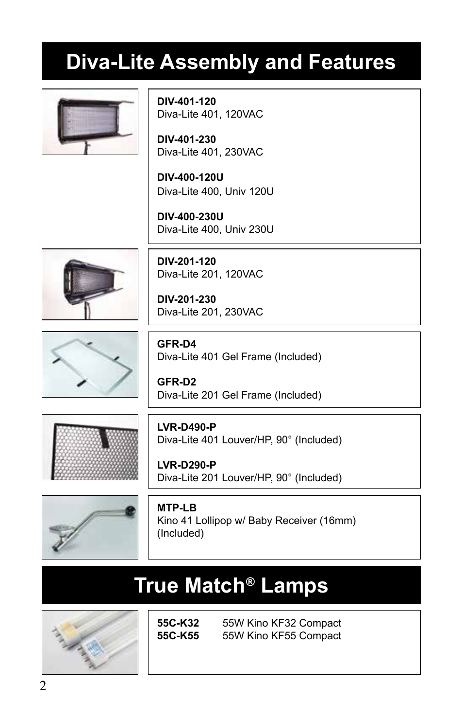 Diva-lite assembly and features, True match, Lamps | Kino Flo Diva-Lite 401/201 & 400U User Manual | Page 2 / 16