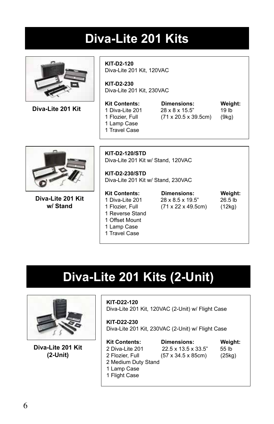 Diva-lite 201 kits, Diva-lite 201 kits (2-unit) | Kino Flo Diva-Lite 401/201 & 400U User Manual | Page 6 / 16