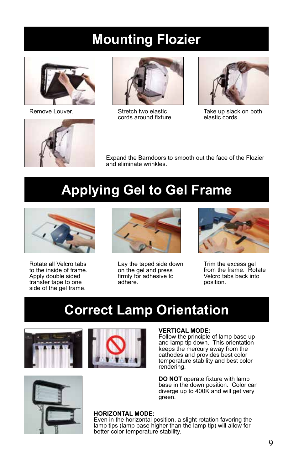 Mounting flozier, Applying gel to gel frame correct lamp orientation | Kino Flo Diva-Lite 401/201 & 400U User Manual | Page 9 / 16