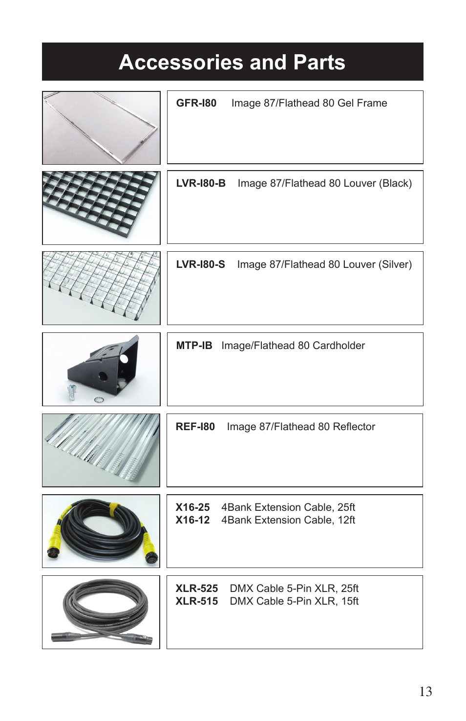 Accessories and parts | Kino Flo Flathead 80 DMX (427, 457) User Manual | Page 13 / 16