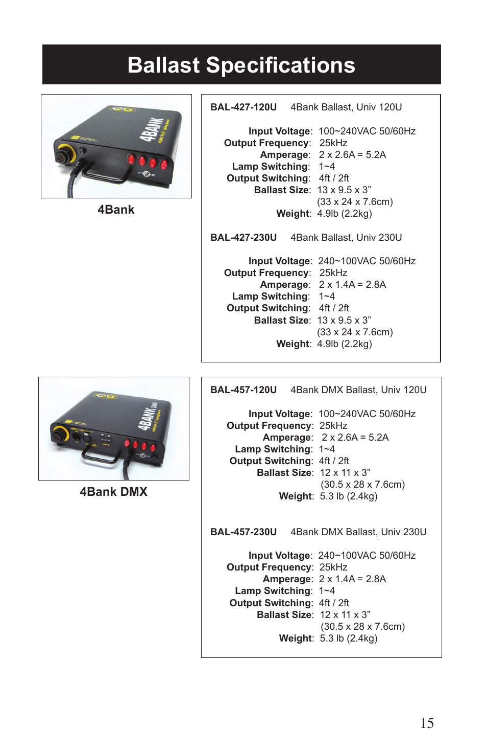 Ballast specifications, 4bank dmx, 4bank | Kino Flo Flathead 80 DMX (427, 457) User Manual | Page 15 / 16