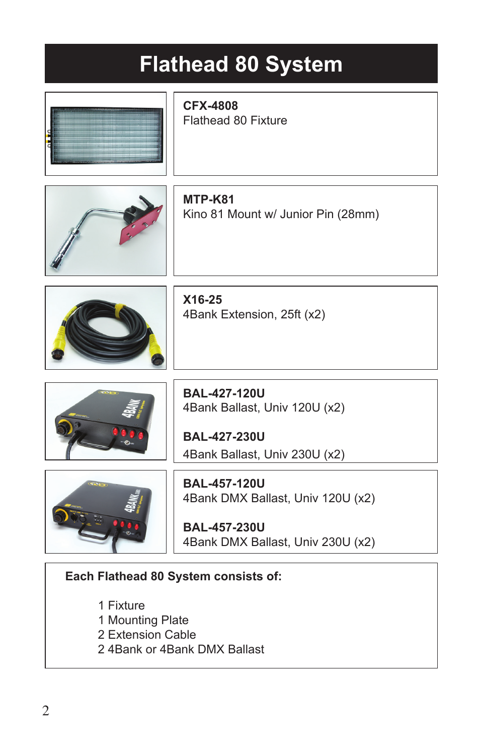 Flathead 80 system | Kino Flo Flathead 80 DMX (427, 457) User Manual | Page 2 / 16