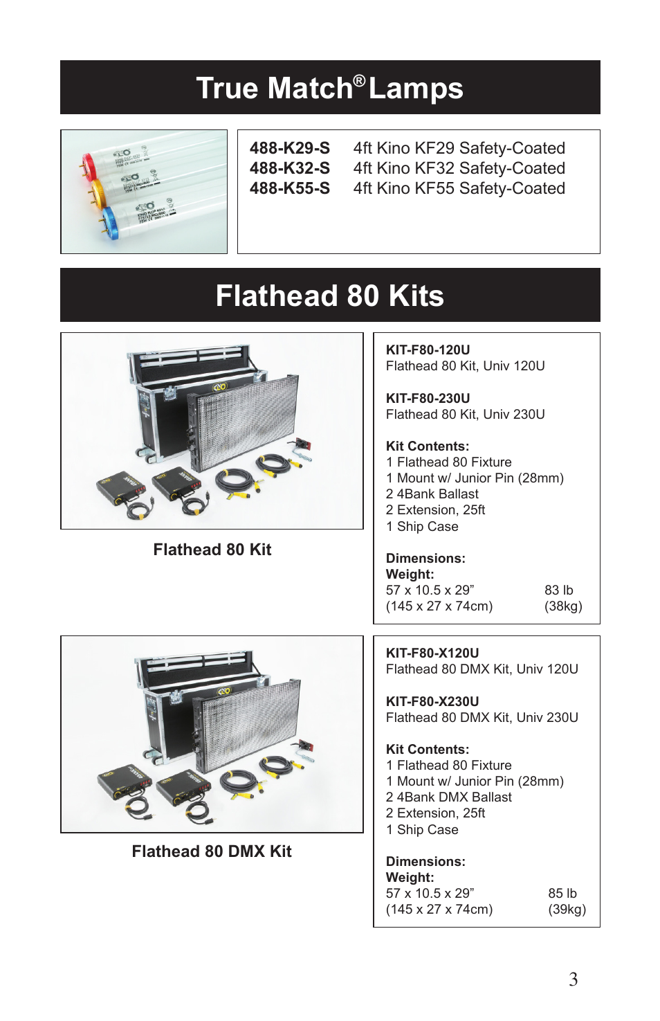 True match, Lamps flathead 80 kits | Kino Flo Flathead 80 DMX (427, 457) User Manual | Page 3 / 16