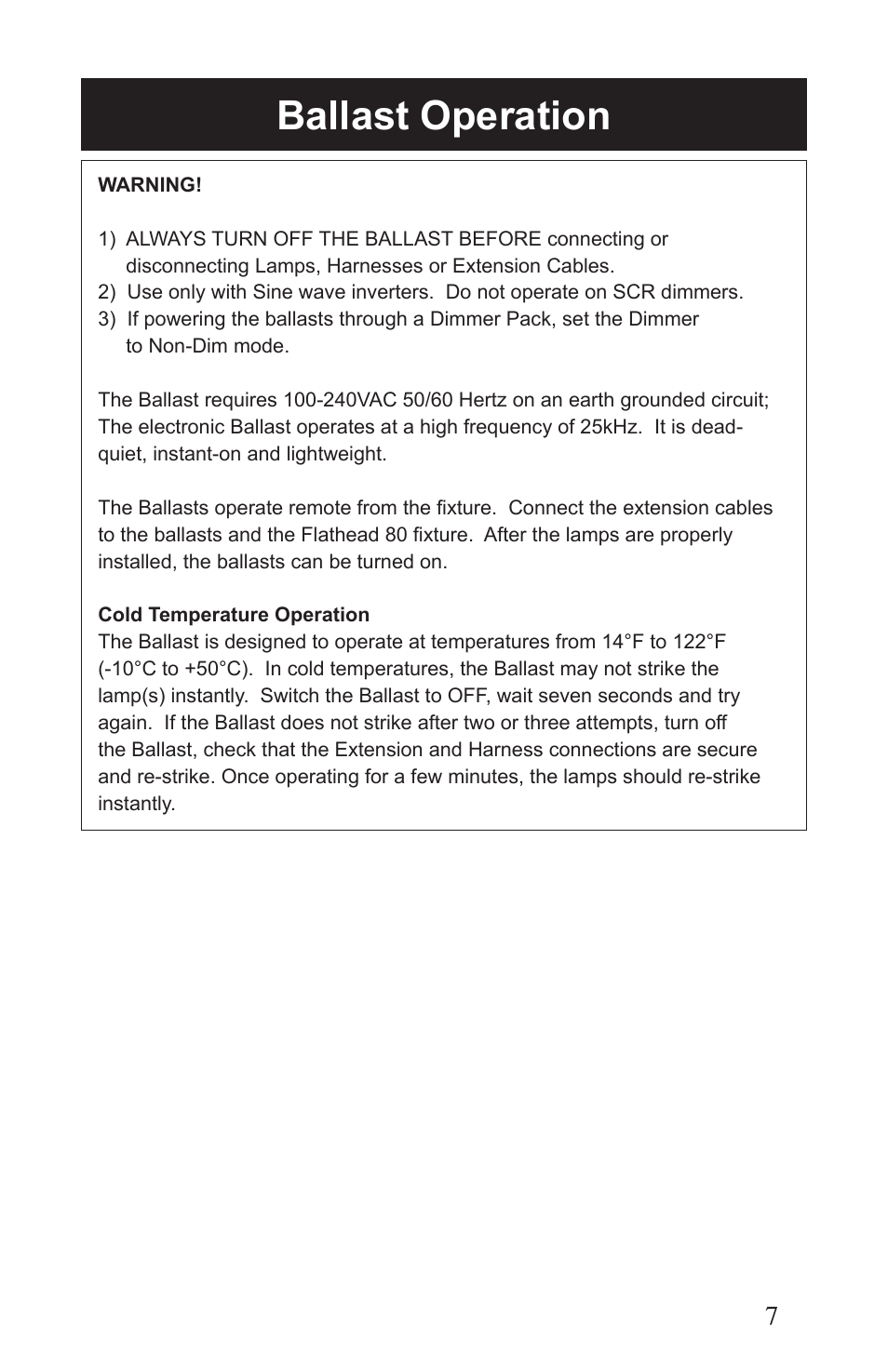 Ballast operation | Kino Flo Flathead 80 DMX (427, 457) User Manual | Page 7 / 16