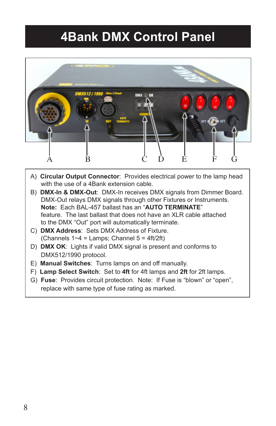 4bank dmx control panel | Kino Flo Flathead 80 DMX (427, 457) User Manual | Page 8 / 16