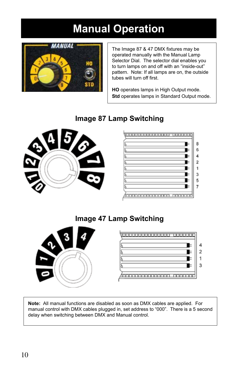Manual operation, Image 87 lamp switching image 47 lamp switching | Kino Flo Image 87/47 DMX Series User Manual | Page 10 / 20