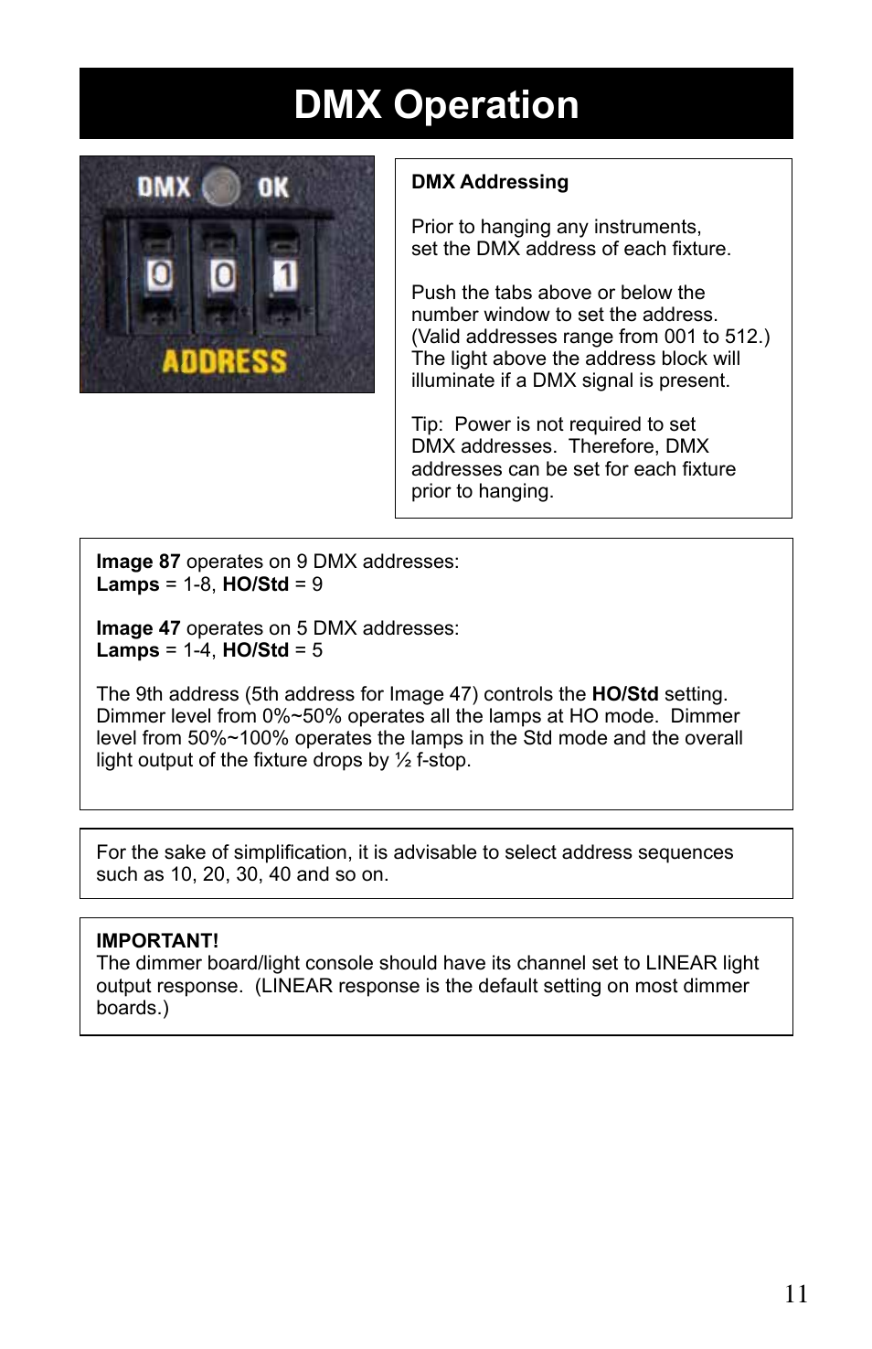 Dmx operation | Kino Flo Image 87/47 DMX Series User Manual | Page 11 / 20