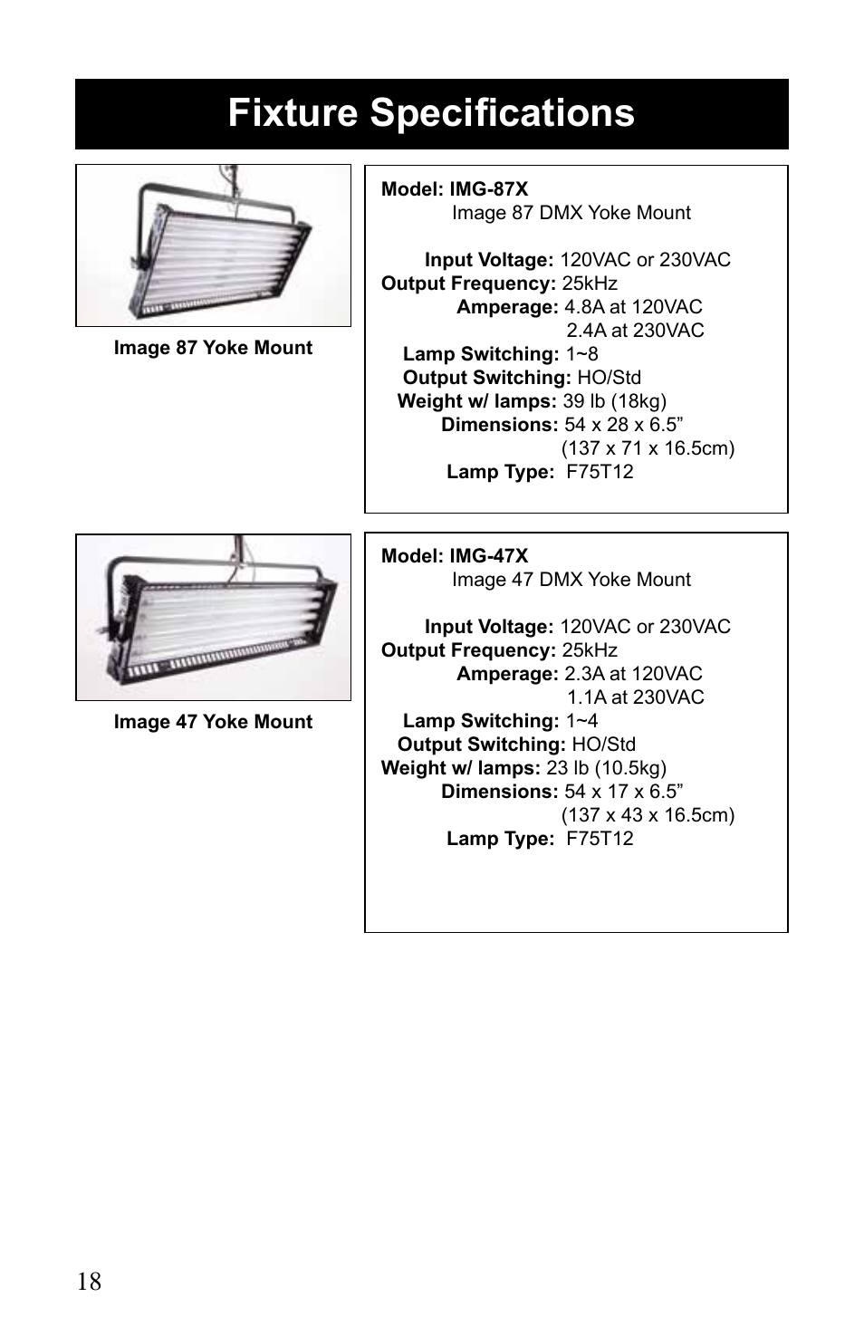 Fixture specifications | Kino Flo Image 87/47 DMX Series User Manual | Page 18 / 20