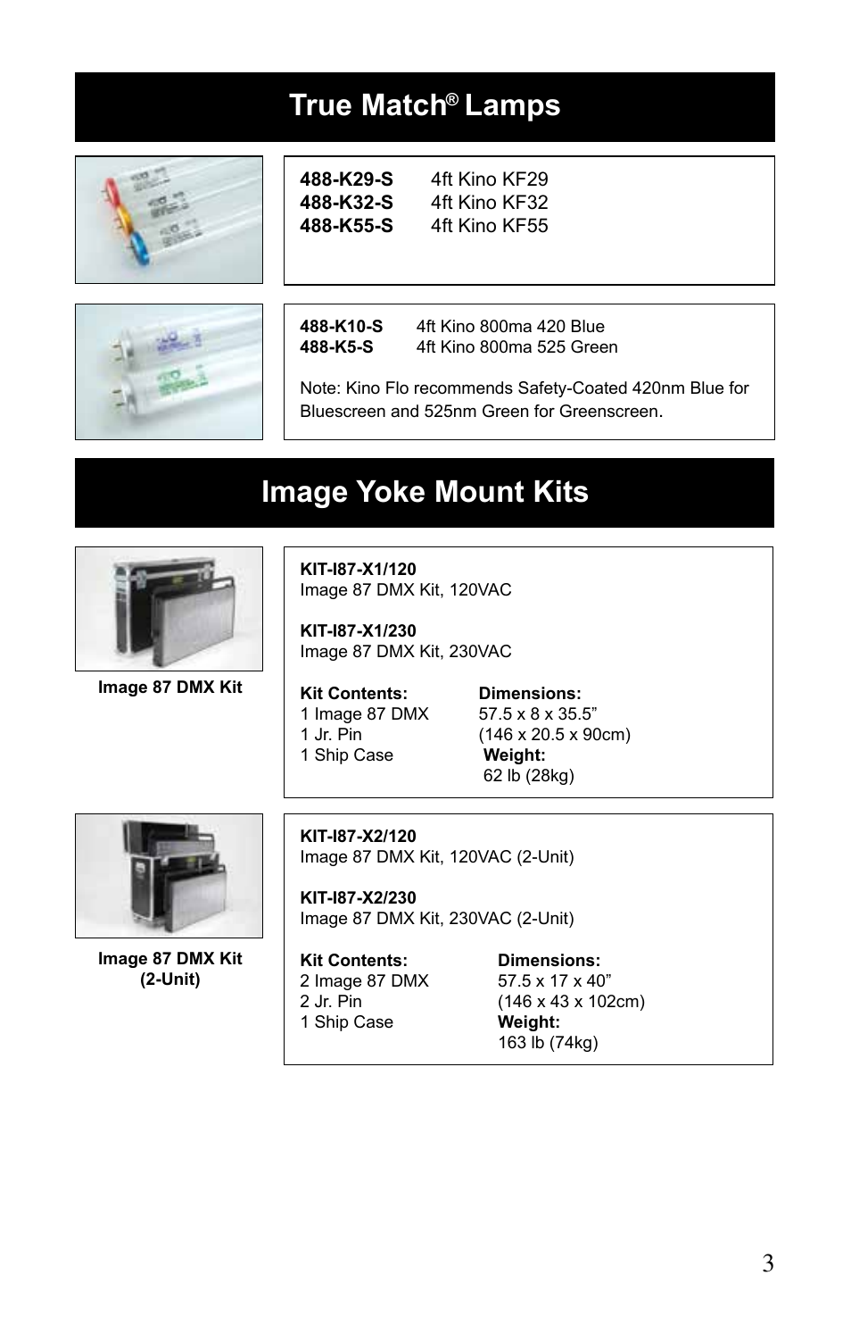 Image yoke mount kits, True match lamps | Kino Flo Image 87/47 DMX Series User Manual | Page 3 / 20