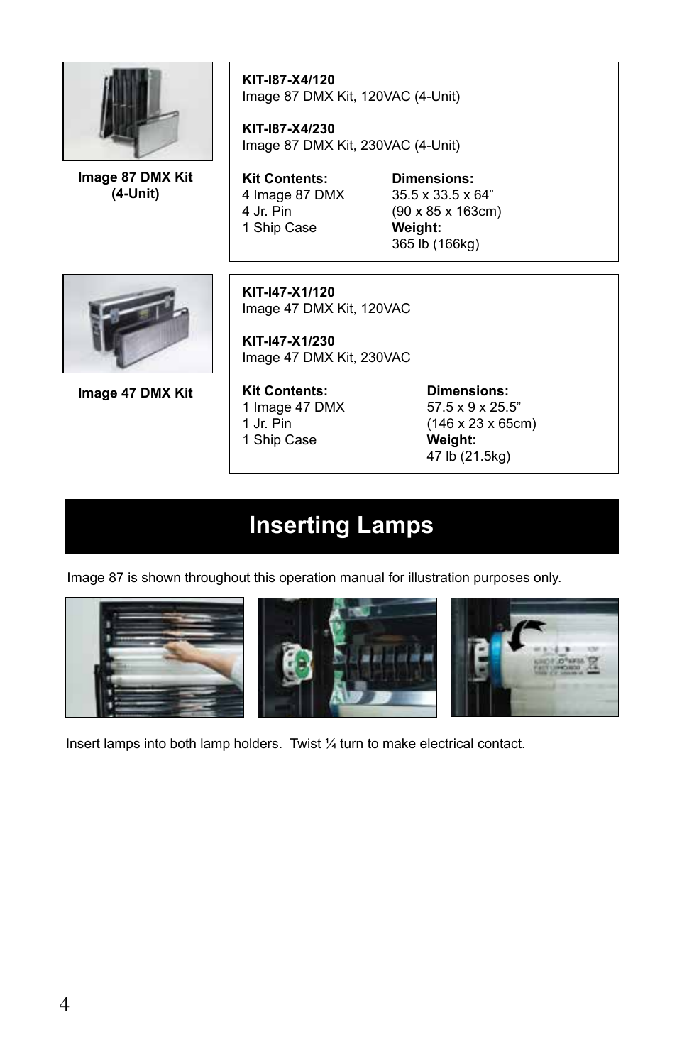 Inserting lamps | Kino Flo Image 87/47 DMX Series User Manual | Page 4 / 20