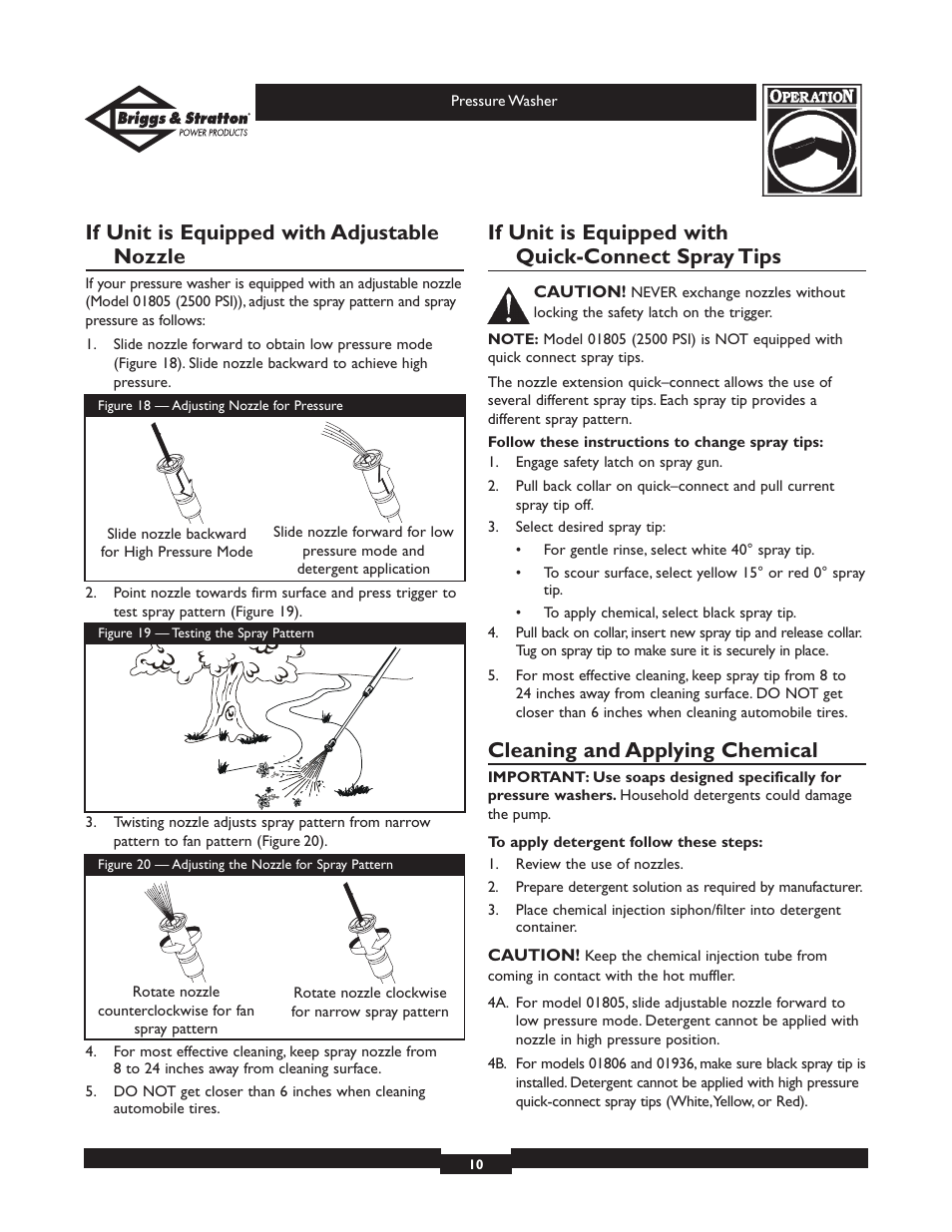 If unit is equipped with adjustable nozzle, If unit is equipped with quick-connect spray tips, Cleaning and applying chemical | Briggs & Stratton 01806 User Manual | Page 10 / 36