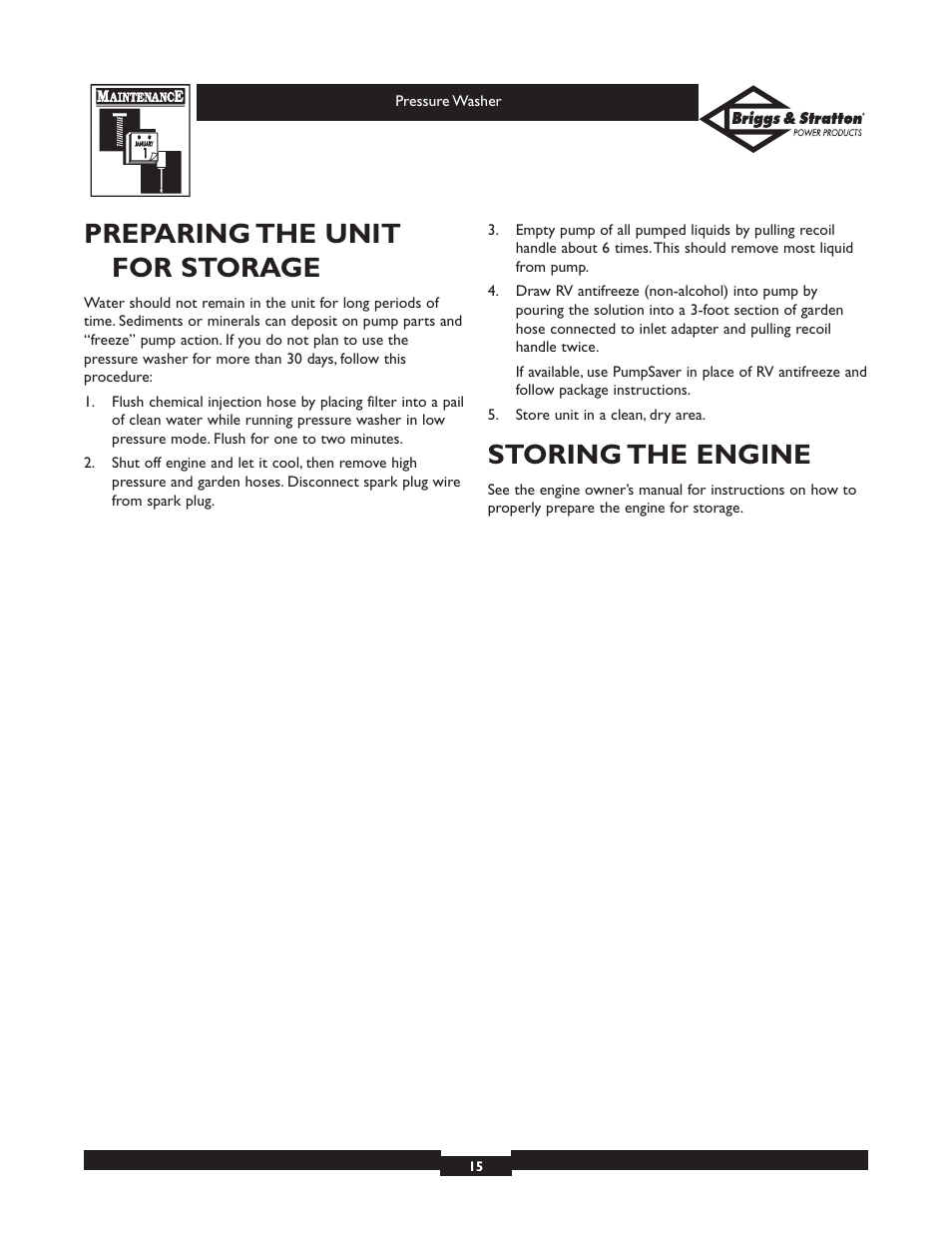 Preparing the unit for storage, Storing the engine | Briggs & Stratton 01806 User Manual | Page 15 / 36