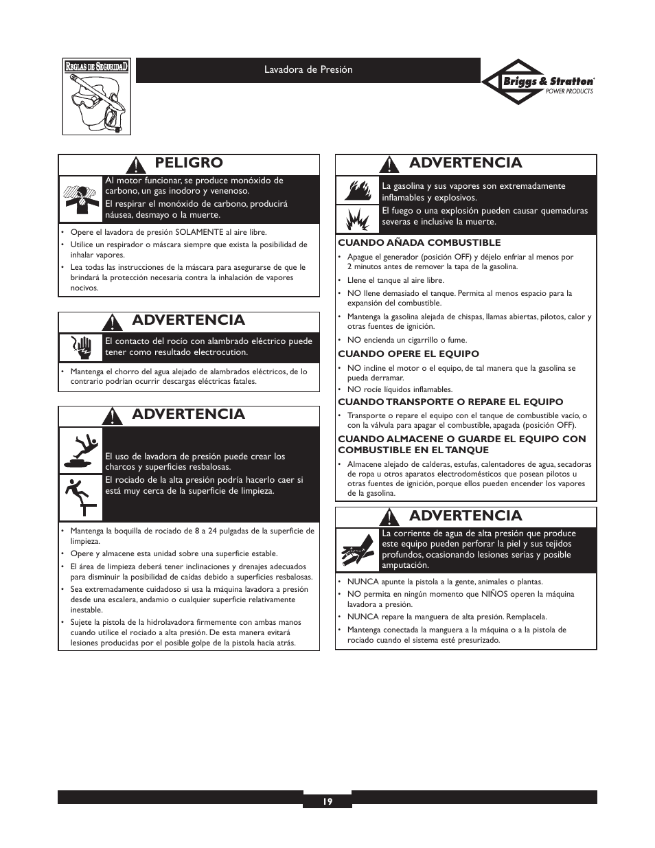 Advertencia, Peligro | Briggs & Stratton 01806 User Manual | Page 19 / 36