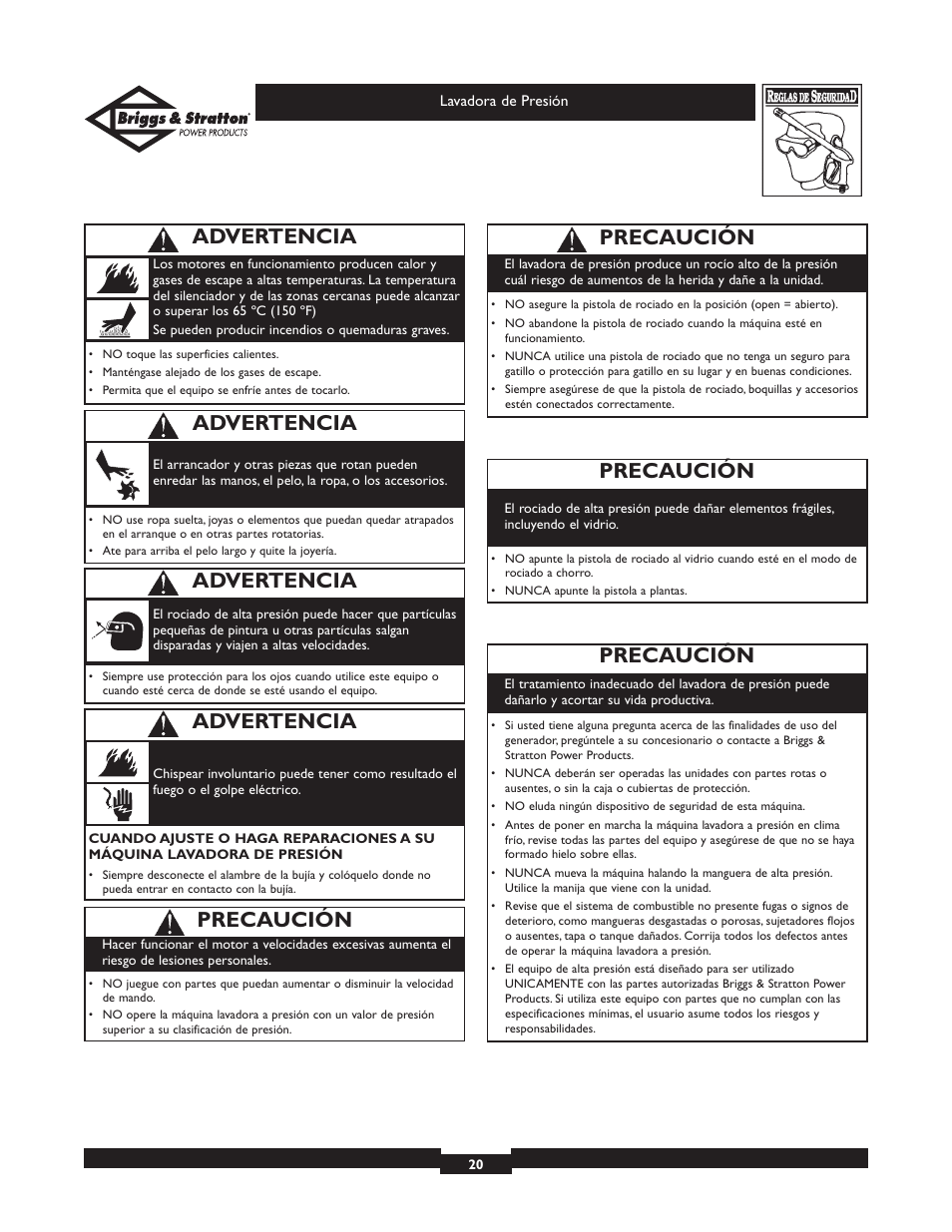 Precaución, Advertencia | Briggs & Stratton 01806 User Manual | Page 20 / 36