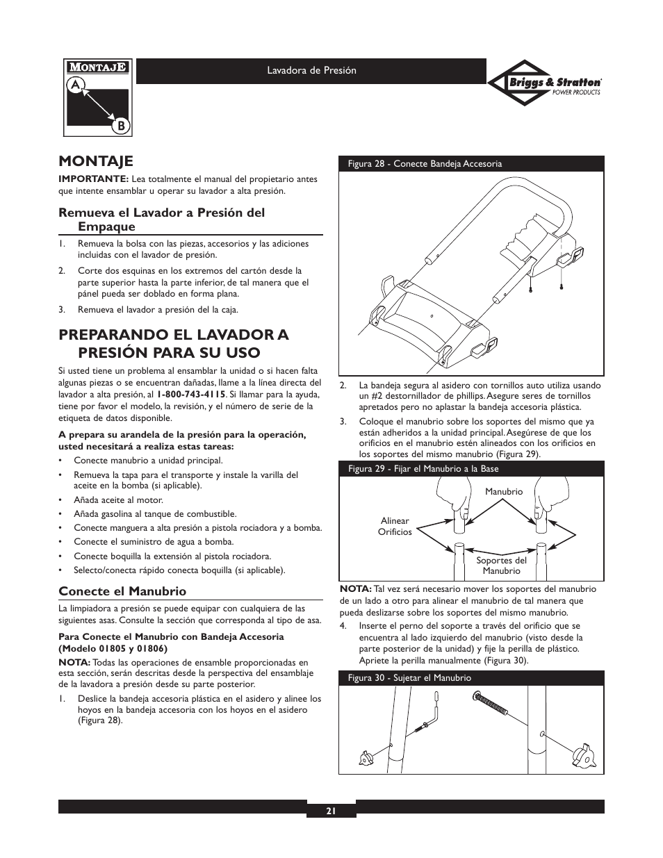 Montaje, Preparando el lavador a presión para su uso | Briggs & Stratton 01806 User Manual | Page 21 / 36