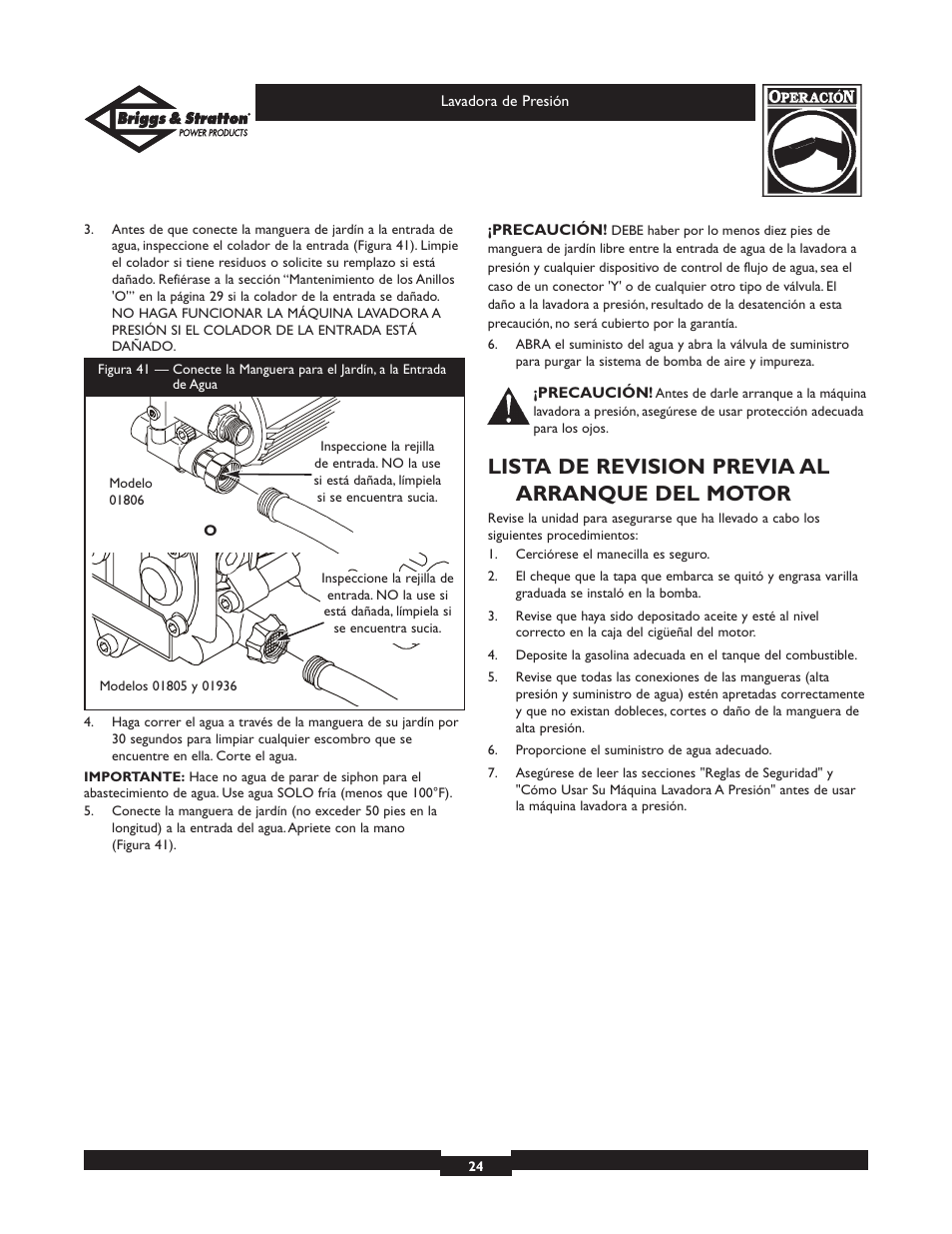 Lista de revision previa al arranque del motor | Briggs & Stratton 01806 User Manual | Page 24 / 36