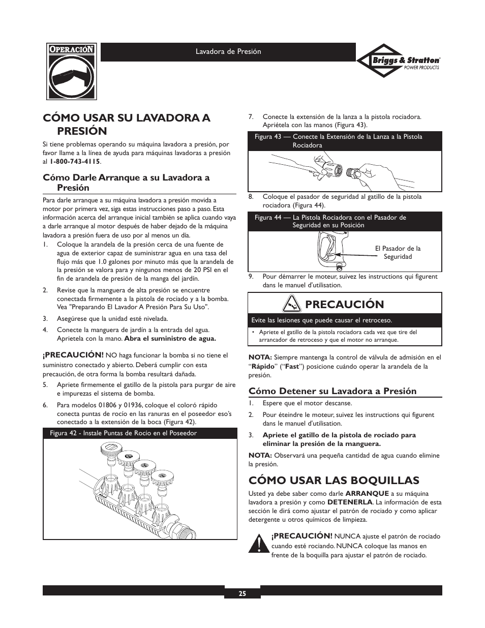 Cómo usar su lavadora a presión, Cómo usar las boquillas, Precaución | Briggs & Stratton 01806 User Manual | Page 25 / 36